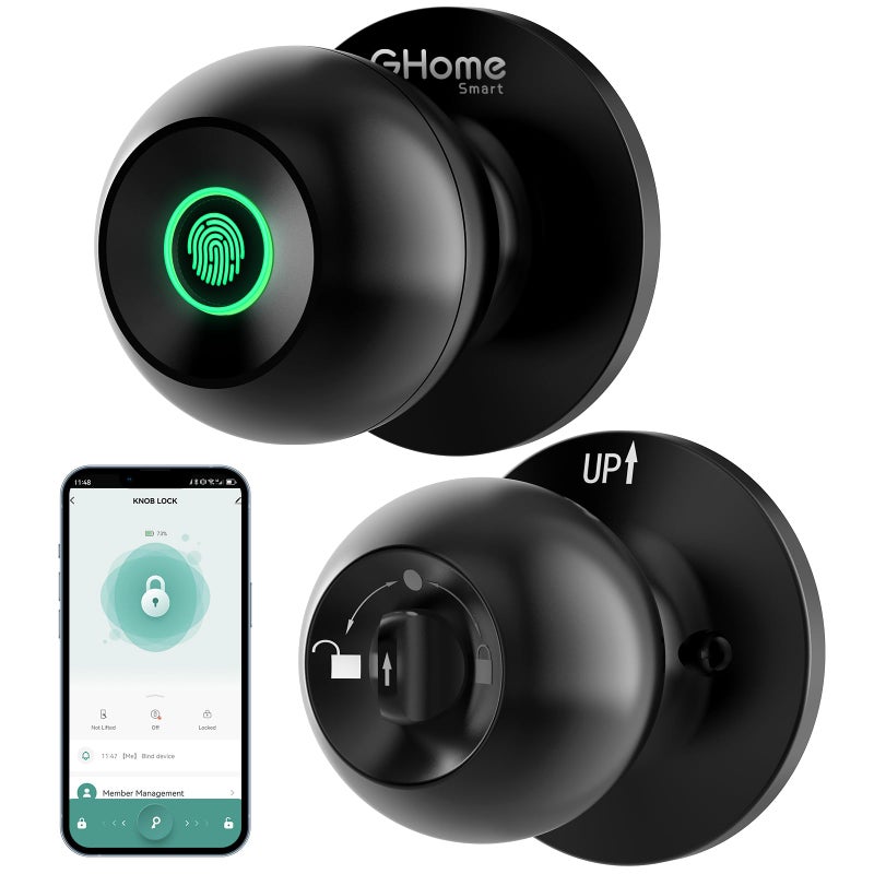 GHome Smart Fingerprint Door Lock  3 in 1 Smart Door Knob with App Control & Key & Keyless Thumbprint Entry  Type-C Port Emergency Charging  Biometric Lock for Bedroom  Garage  Apartment  Office - Image 1